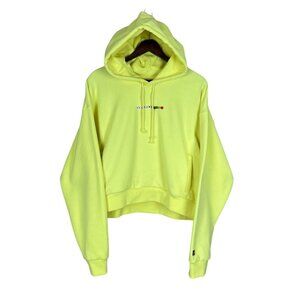 Teddy Fresh Hoodie Womens XL Highlighter Neon Yellow Cropped 100% Cotton Beaded‎